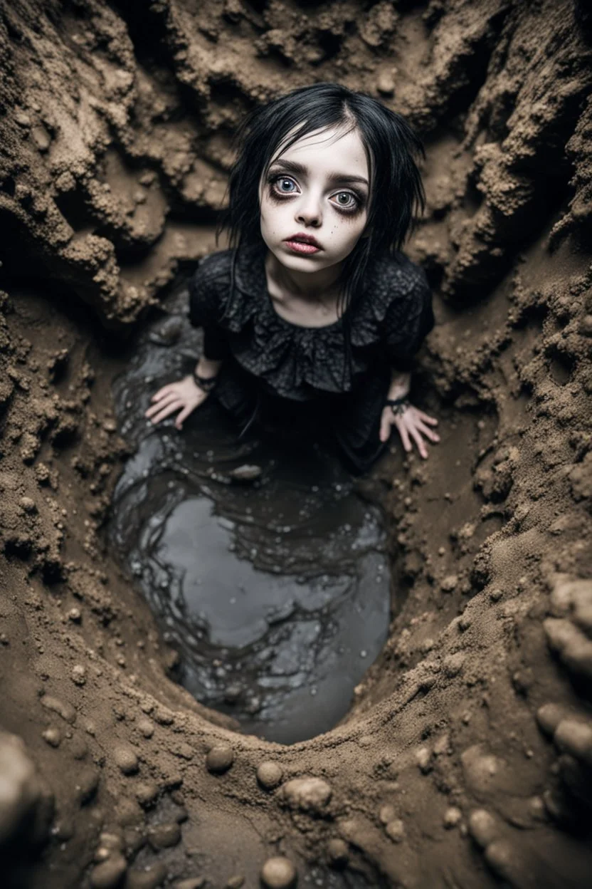 Closeup petit Girl goth with big eyes, fullbody, ragged clothes, extended like roots, the perspective looking up from the bottom of an empty well , midle underwater and mud 8k,macro photography,