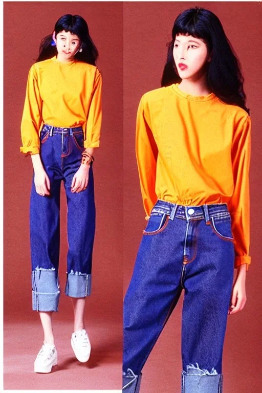 year 1996 denim fashion. Loose fit, low waist. Colors: denim blue, blue, purple, khaki, light green, lilac, plum, orange, terracotta, red, light yellow, lion yellow, pink, dark blue, beige. Women models.