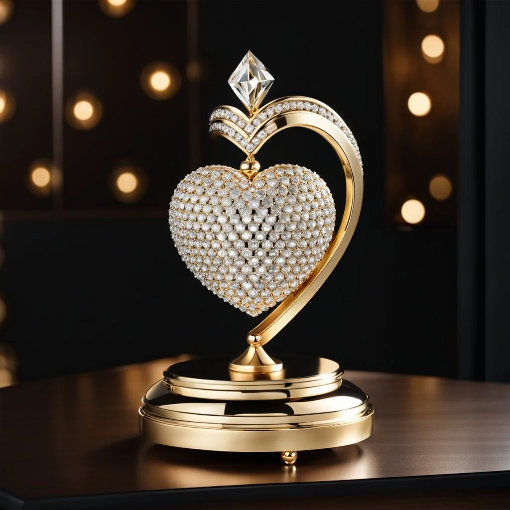 A magnificent golden and silver heart-shaped sign adorned with a stunning golden sphere encrusted with sparkling diamond clusters at its center, elegantly spinning in position.