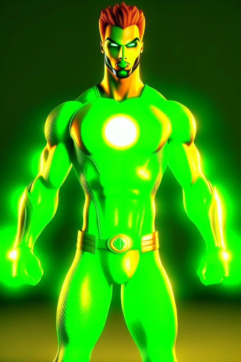 Greenlantern look a like dressed in orange. In 3D cartoons, ultra realistic