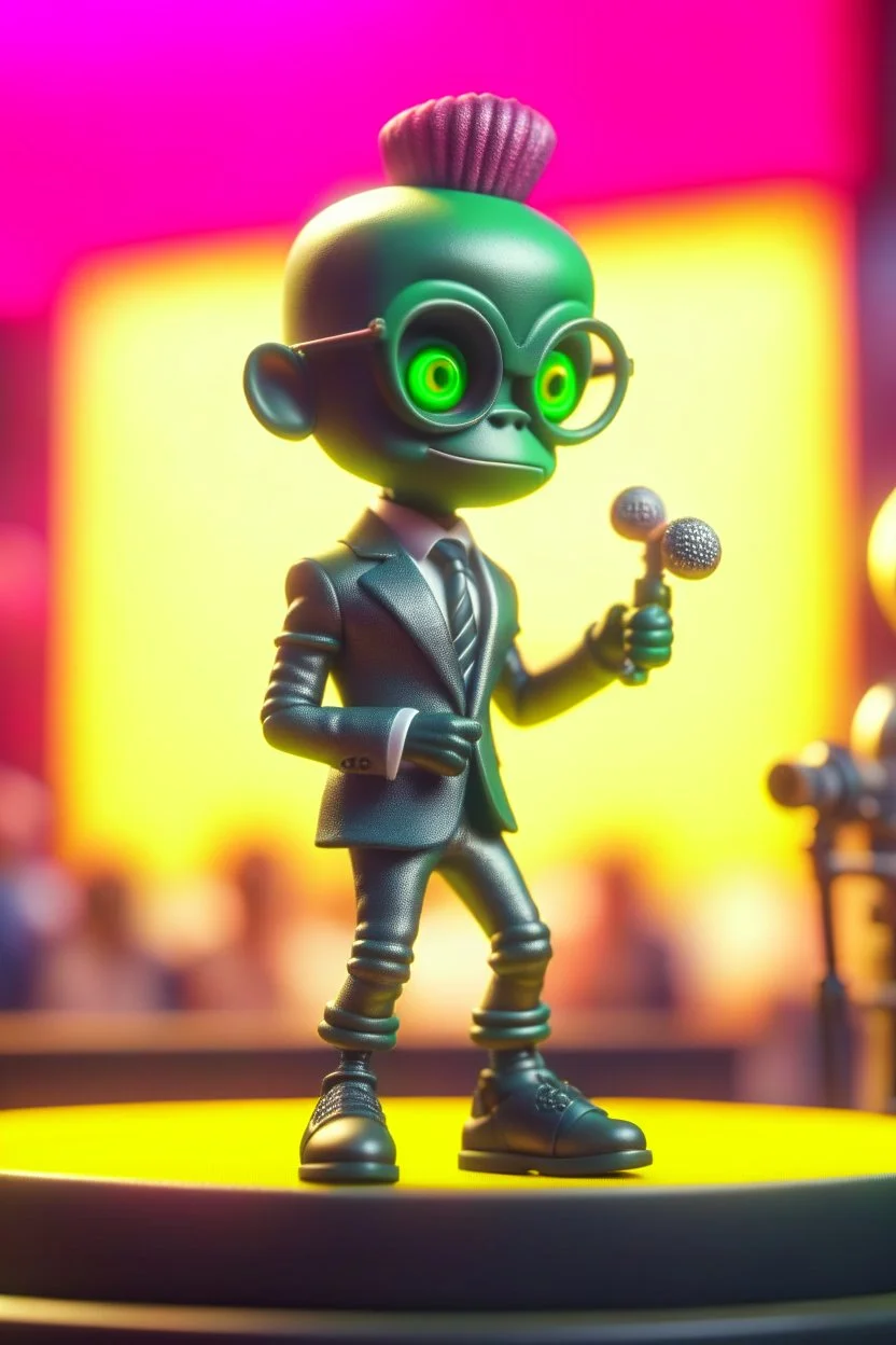 60s cute punk baby rihanna chat robot with suit and tie and rollerskates,on podium at festival, its such a perfect day, motion blur, smoke, 8k, downlight, soft light, depth of field, photorealism, trending on art station, some detail