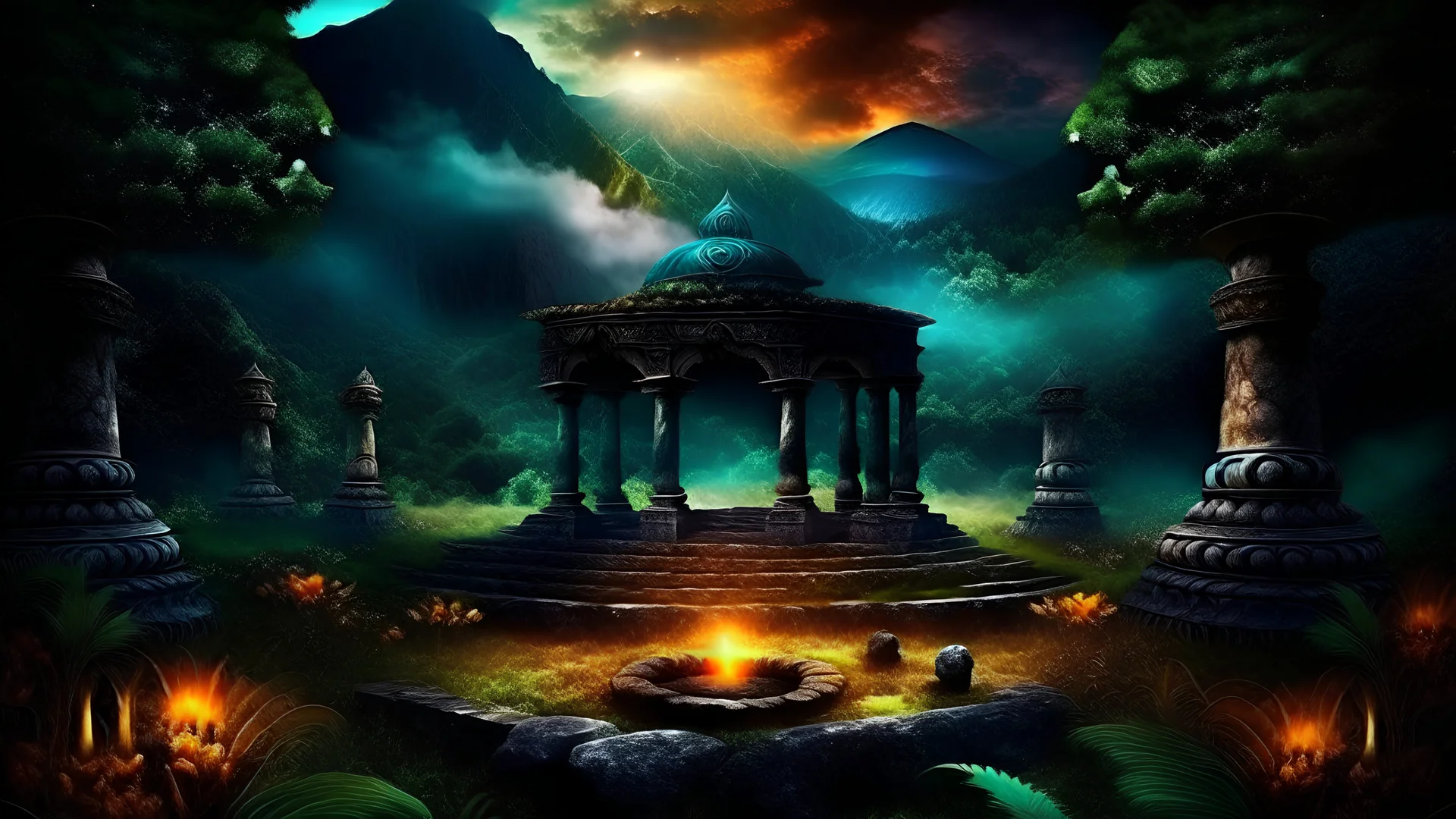 meditation round podium . my dreams . day landscape, In the garden my mind bows . meditation .The ruins of a village in the midst in the jungle , mountains. space color is dark , where you can see the fire and smell the smoke, galaxy, space, ethereal space, cosmos, panorama. Palace , Background: An otherworldly planet, bathed in the cold glow of distant stars. Northern Lights dancing above the clouds in papua new guinea.