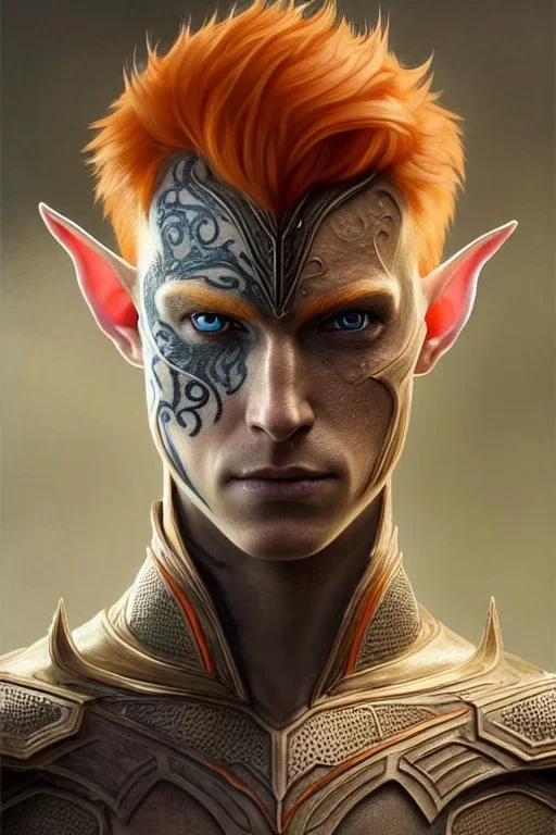 portrait painting of an elven young man with short light orange hair and freckles and tree tattoos on his cheekbones light armor, full body, ultra realistic, concept art, intricate details, eerie, highly detailed, photorealistic, octane render, 8 k, unreal engine. art by artgerm and greg rutkowski and charlie bowater and magali villeneuve and alphonse mucha