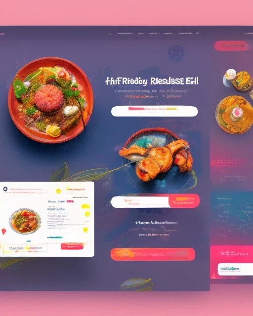 a food delivery web landing page design with burst of colors and illustrations, hyper realism, hyper details. sharp