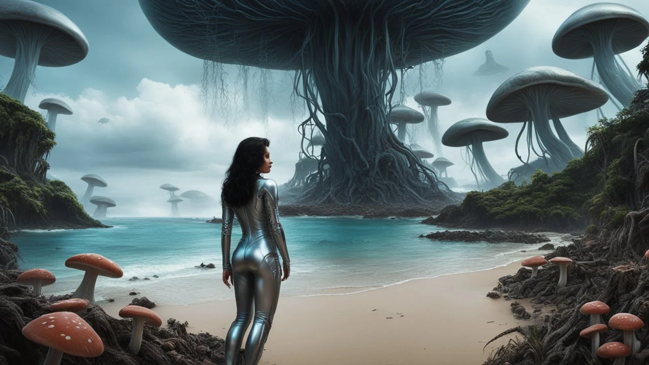 detailed matte painting of a wide-angle shot of a woman standing on the right-hand side of an alien beach, with dark hair in a silver robotic catsuit, many floating mushrooms with jellyfish tentacles, alien jungle trees in the distance, deep colour