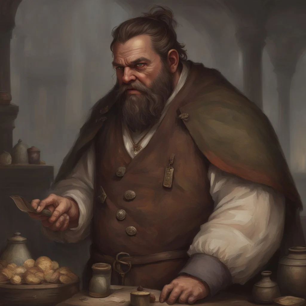 fantasy dnd commoner male 40 years old merchant large overweight dirty from travelling the road