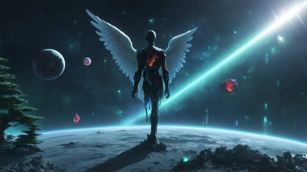 matrix, god creation, few planets on the back ground. small and large monoliths of red, blue, and green crystals of tiberium on the right side, seven space trees on the left side of the angel from the other dimensions.