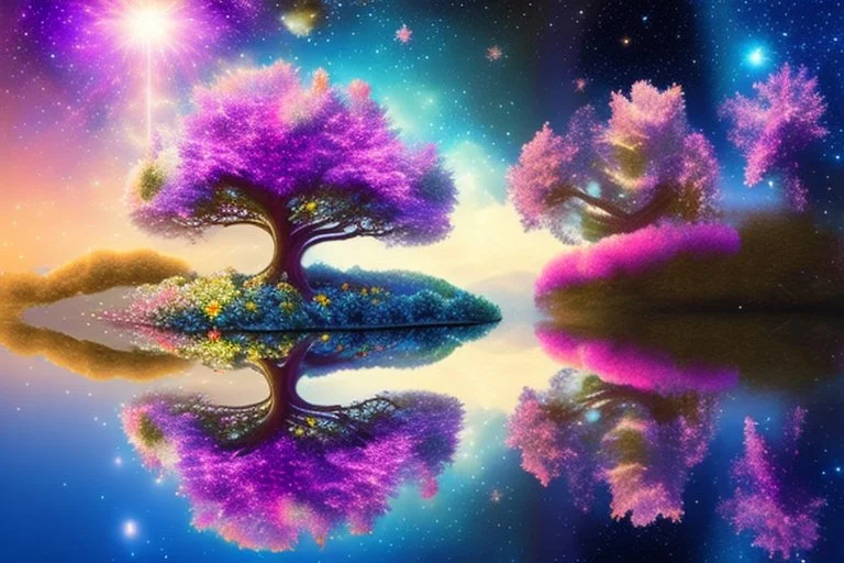 tree near the flowers, water reflection, galaxy, cosmos, science fiction