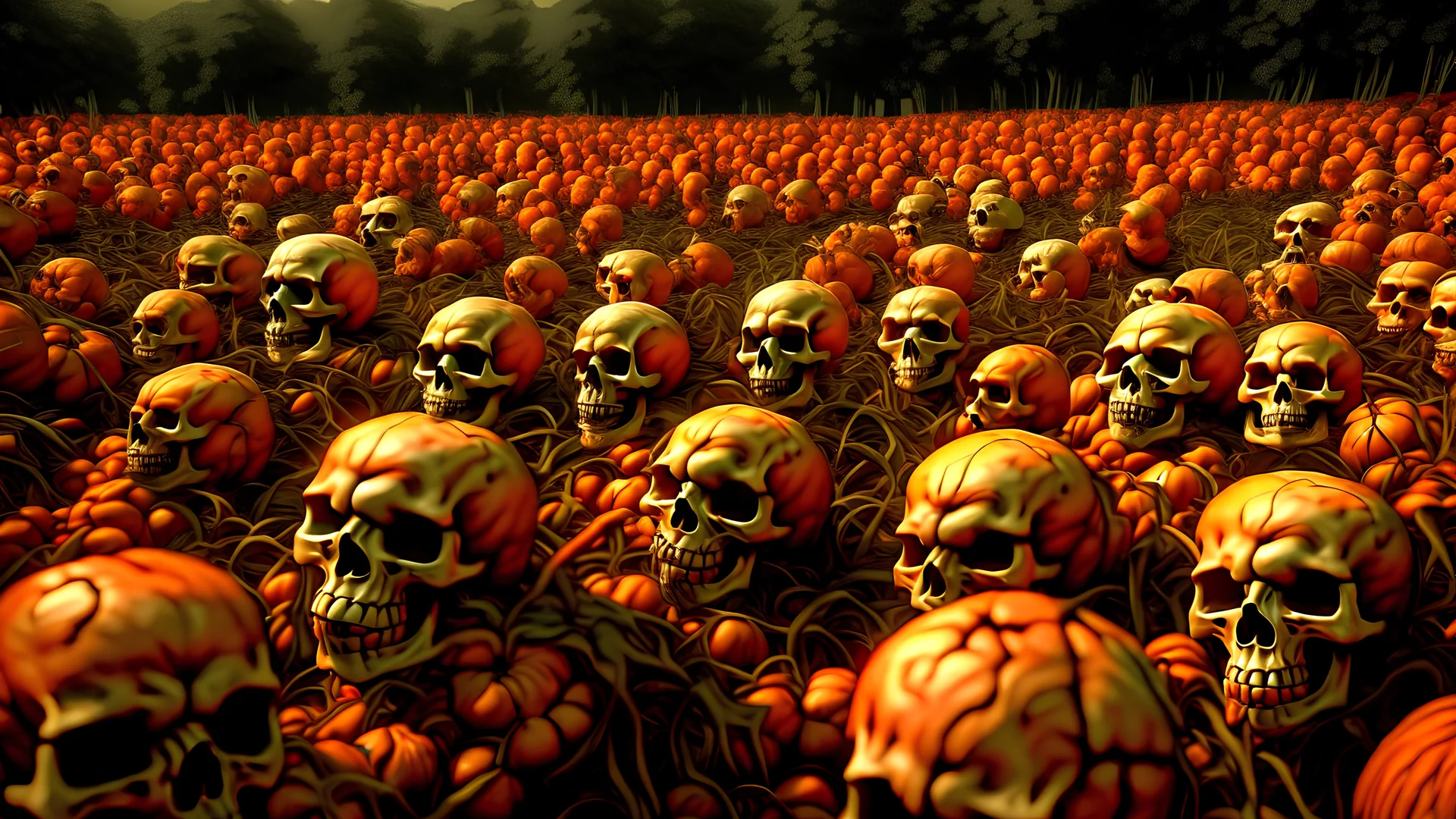 photorealistic, anatomically correct, various sizes, view of dozens of orange human skulls growing from a pumpkin vine in a large field, designed to look like a pumpkin patch, painted orange, growing off of a vine orange skulls, evil dead atmosphere, highly detailed, sharp focus, random two toned highlight, digital painting, artstaion, concept art, brooding, highly meticulous detail throughout image