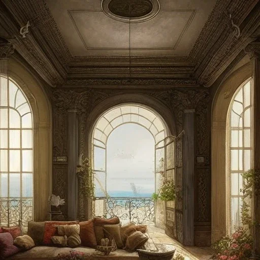  Living room with a big full wall window view on mediterranean city on sea , Vignola architecture,interior design,point of perspective,by Jean Baptiste Monge, Epic cinematic, brilliant stunning, intricate, meticulously, detailed, dramatic atmospheric, maximalist digital matte painting