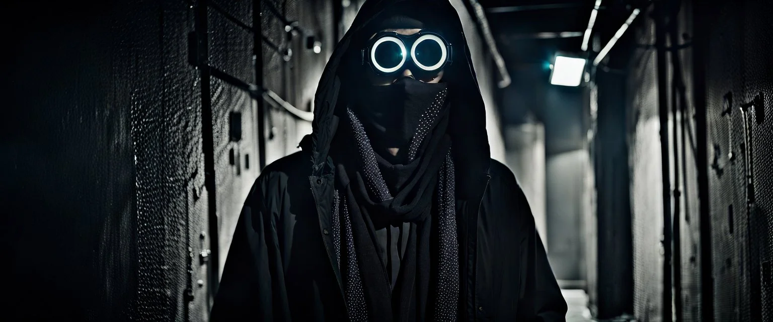 Whispers in the dark alleys of the surviving cities speak of Kai Virtuoso - the ghost in the machine. Draped in garments seamlessly integrated with camouflage tech, and goggles perpetually projecting data streams before his eyes, imperfection, natural lighting, cinematic, Fuji Film, Anamorphic lens, 2040s, deep depth of field, Solarpunk