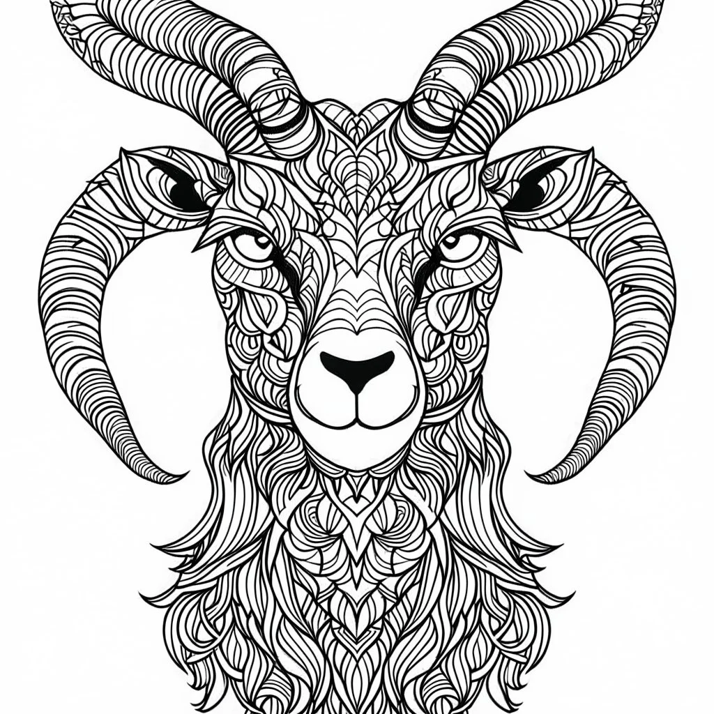 Ibex, front view, mandala, minimal lines, cartoon, white back ground color, real style, realistic, minimalistic, minimal black line art, line art, crisp line art, unique coloring sheet, outlined, outline, crisp, crisp line edges, illustration, thin lines, crisp clear lines, line art, clean line art, unique, 8k, amazing, masterpiece, no colors, no dark color, no black color, avoid thick black, minimalistic line edges, pure white back ground, image character full fit to page,