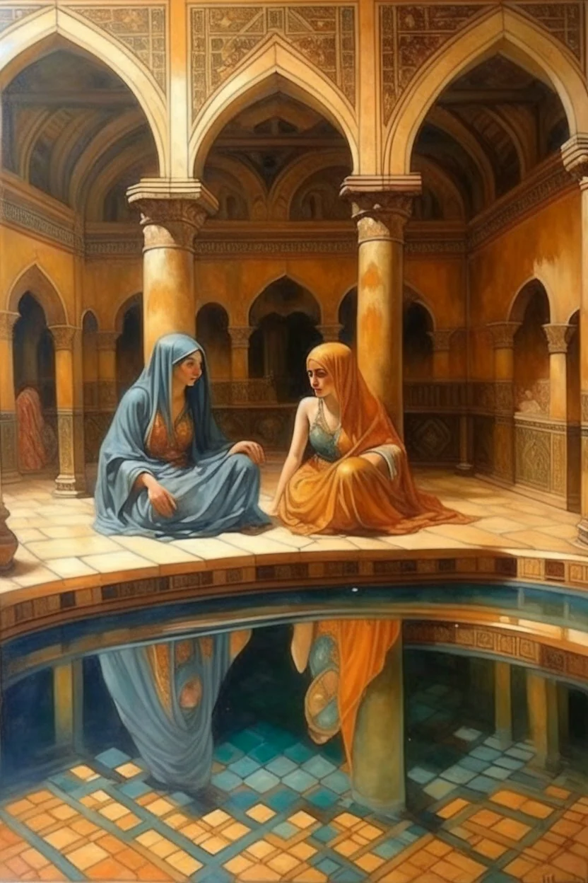 oriental 2 woman at a old arabic inside pool painting neoclassism