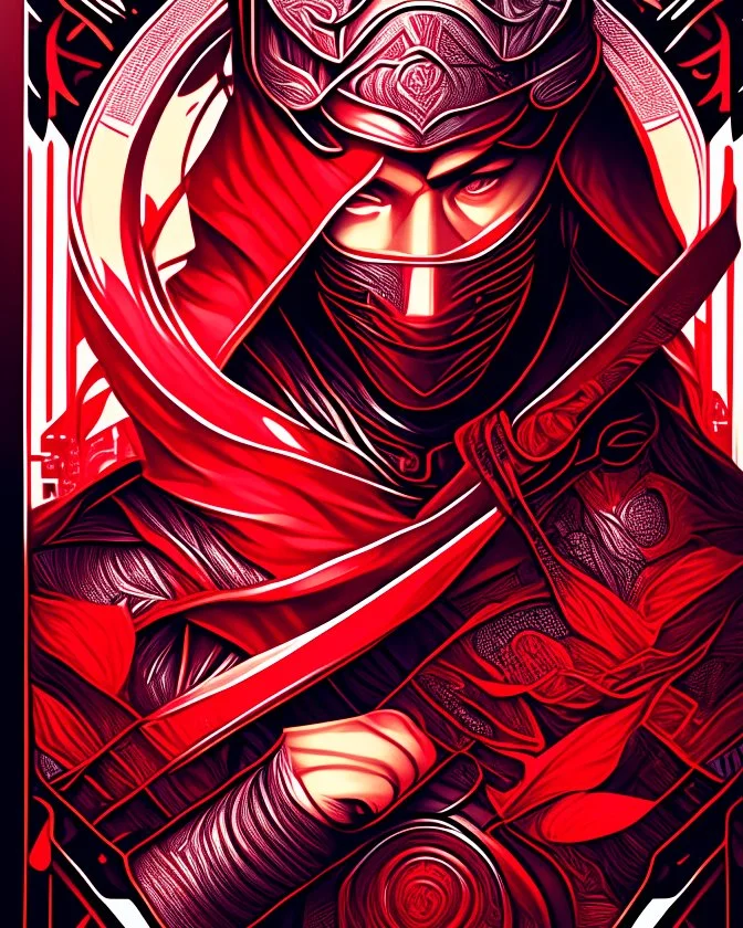 Ninja warrior centered | symmetrical | key visual | intricate | highly detailed | iconic | precise lineart | vibrant | comprehensive cinematic | alphonse mucha style illustration | very high resolution | sharp focus | poster | no watermarks red and silver color full body