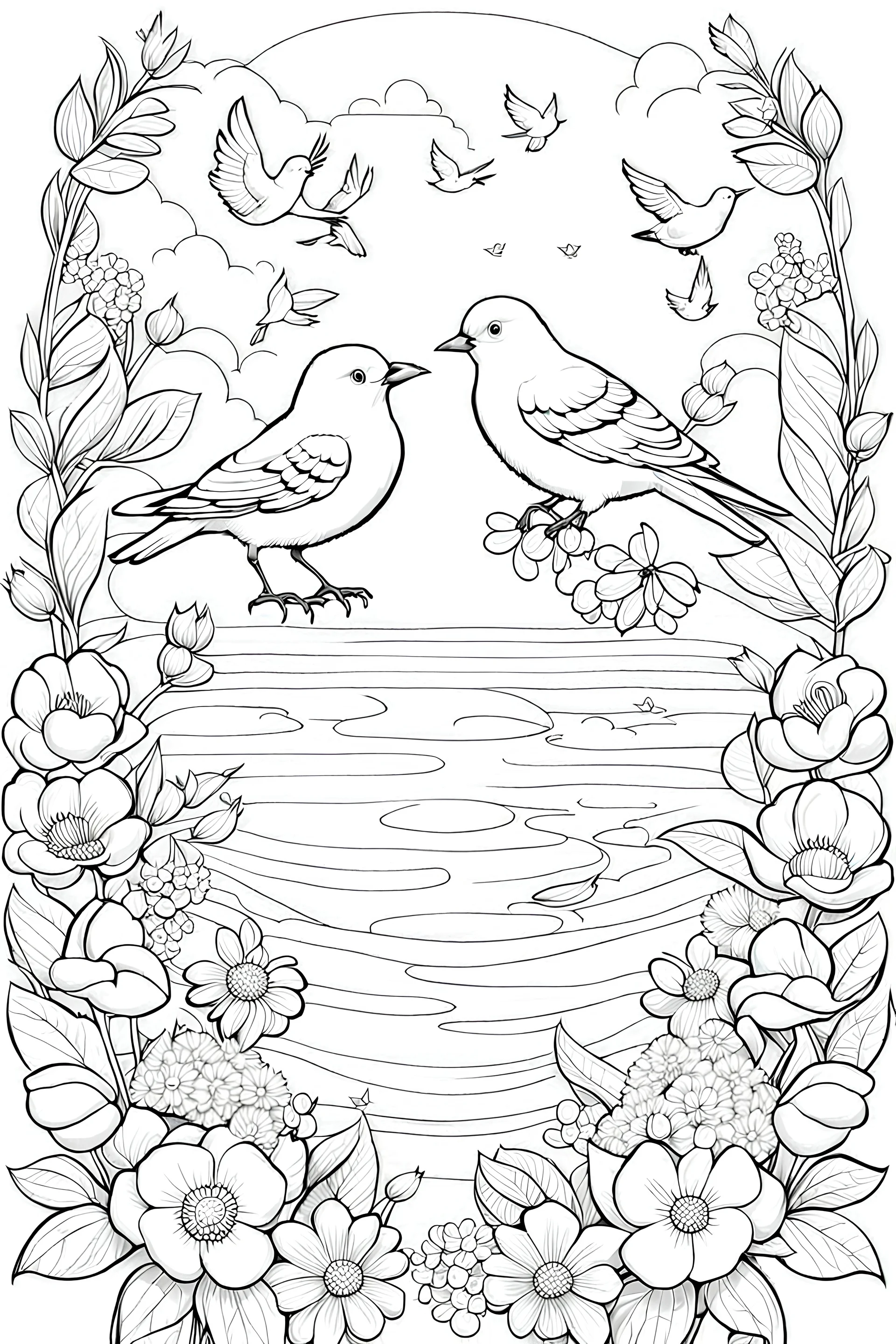 outline art for a kid's coloring page, a scene of birds and flowers. , white background, sketch style, full body, only use outline, clean art , white background, no shadows and clear well outlined