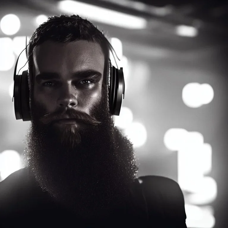 DJ cyborg bearded Christian Boshell with headphones. dystopian cyberpunk style similar to sin city, cinematic Fire theme art, Dark moody atmosphere, similar to a Michelangelo art direction, close-up face