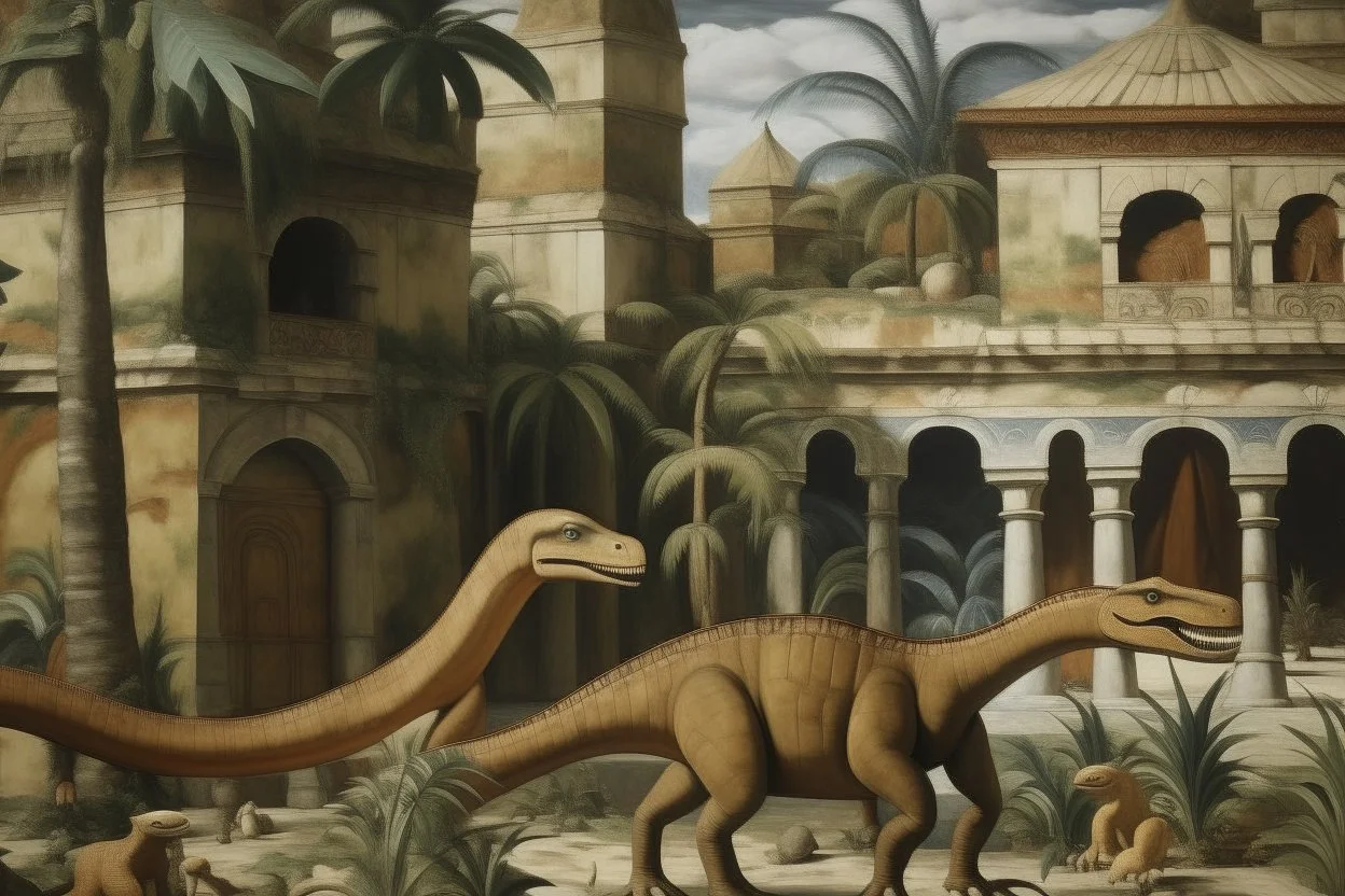 A tannish brown and grayish brown jungle dinosaurs and blocky ruins designed in Australian aboriginal art painted by Maurice Utrillo