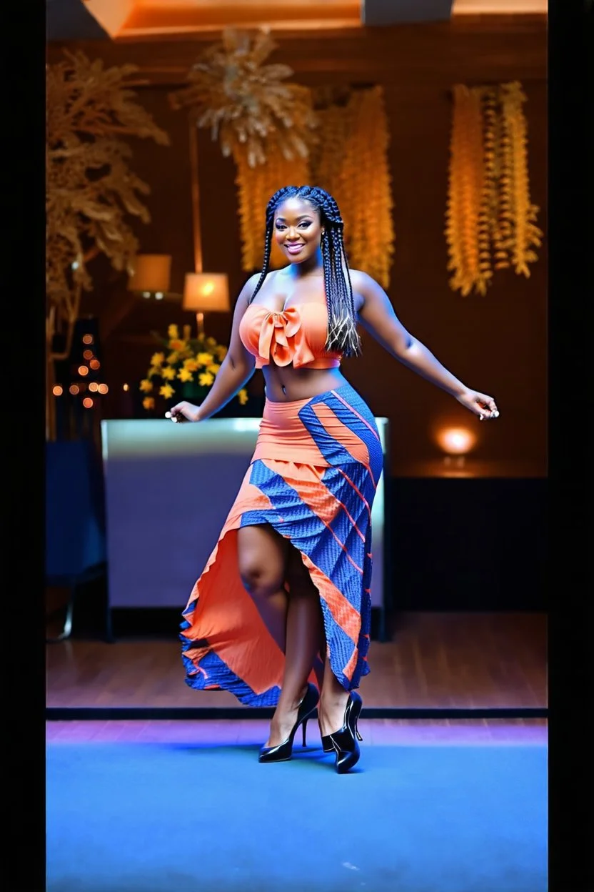 full body of very beautiful lady midi blue skirt and orange bluse , Braided hair ,standing idle happy pose in studio pretty makeup