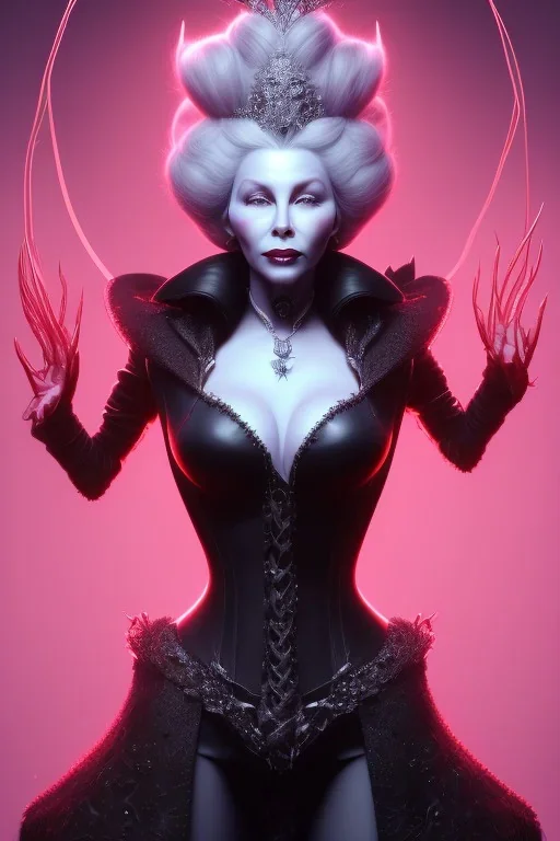 Mae West as evil queen in black leather, leather, busty, cleavage, angry, stern look. character design by cory loftis, fenghua zhong, ryohei hase, ismail inceoglu and ruan jia. unreal engine 5, artistic lighting, highly detailed, photorealistic, fantasy