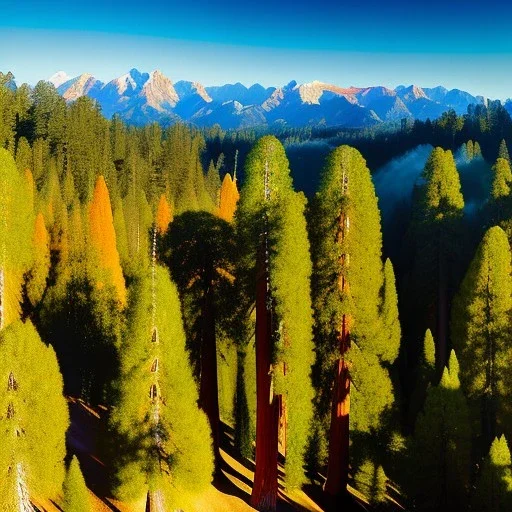 Sequoia & Kings Canyon National Parks, California,aerial view,extremely detailed digital painting, high resolution,8k, realistic, beautiful, volumetric lighting, mystical colors ,perfectly centered image, perfect composition, rim light, beautiful lighting,masterpiece, stunning scene, raytracing, anatomically correct, in the style Van Gogh and robert e howard and Ken Kelley and Ohrai Noriyoshi and Simon Bisley and tomzj1.