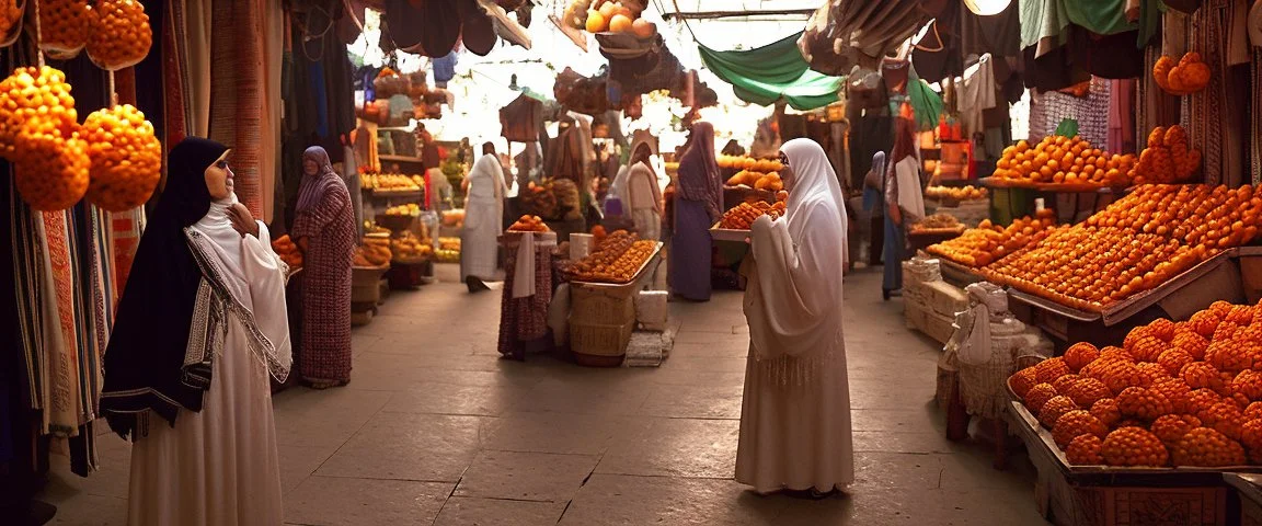 A full-length Palestinian girl wearing an embroidered dress and a white embroidered shawl buys oranges from an old seller wearing a keffiyeh in the market of Jerusalem, 100 years ago, at night with multi-colored lights reflecting on her.