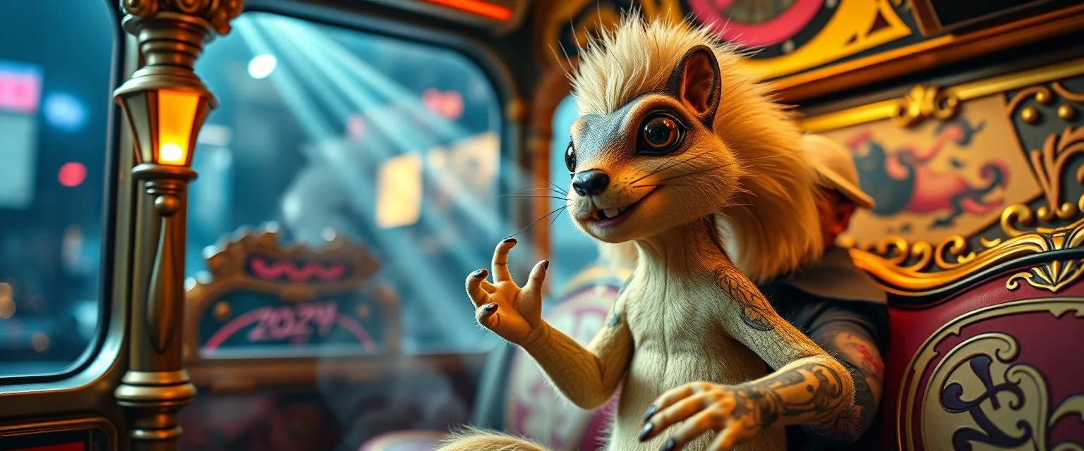 close up portrait of hairy fluffy polymer clay cute happy excited gesticulating alien monster banana gelly squirrel with realistic human colored and textured skin, and long sleek limbs and with studio lights, on a luxury ornate neon buss with strange graphitti and tatooes, talking to a wise man, buss is full of smoke, and bright beams from the sky