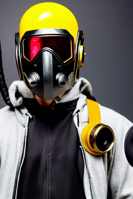 Metallic Cyber-punk style man with a camera-mask and old AKG-style headphones. Large fencing mask covers man's cheeks. Man in good body shape. Reflective plastic body surface, golden skin, full-coverage. Body and Head full of integrated old-fashioned cameras and an old telephone. Golden to black surfaces body. Perfect body. Equations, Euclidean 3D-tiling, Escher tiling. 1996. Cables in head. Daft Punk. Matrix leather jacket. Hood. Beanie.