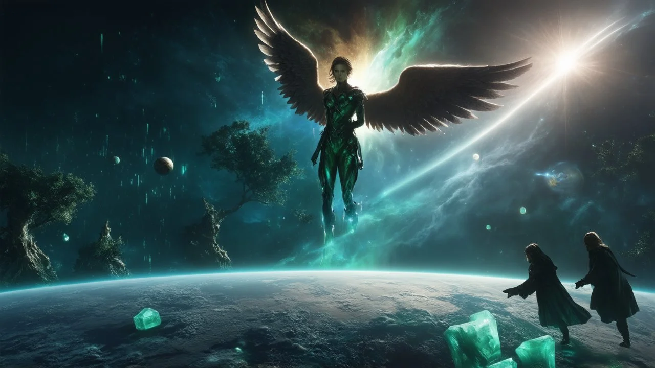 matrix universe, space, planets, god creation, angels from other dimensions with beautiful wings, trees on the planet, behind green crystals of light, command conquer tiberium deposits on the planet near tree,