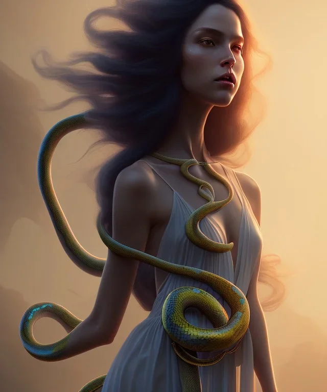 Holy Virgin, celestial light, beautiful, long fabric dress, beautiful long black hair to the waist, big snake resting on shoulders, holding snake, head and shoulders portrait, 8k resolution concept art portrait by Greg Rutkowski, Unreal Engine 5 volumetric lighting