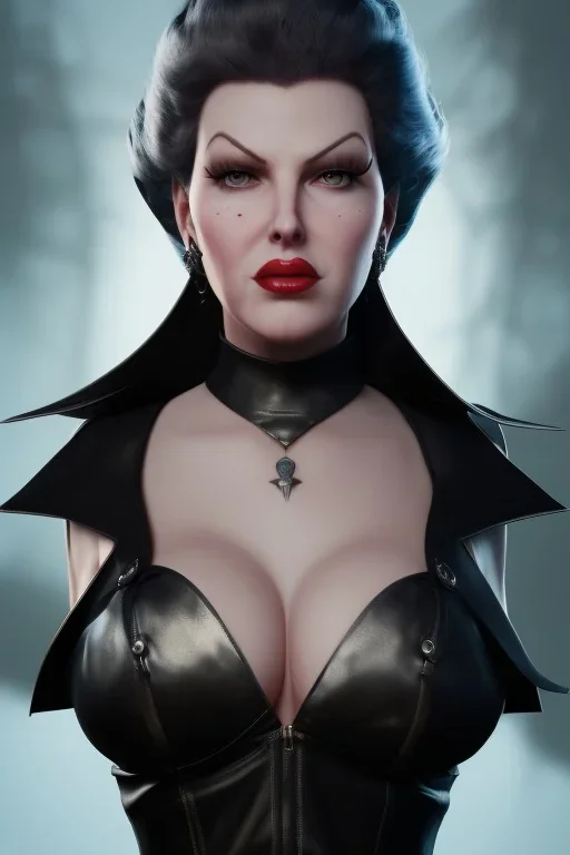 Lana Turner as evil queen in black leather, leather, busty, cleavage, angry, stern look. character design by cory loftis, fenghua zhong, ryohei hase, ismail inceoglu and ruan jia. unreal engine 5, artistic lighting, highly detailed, photorealistic, fantasy