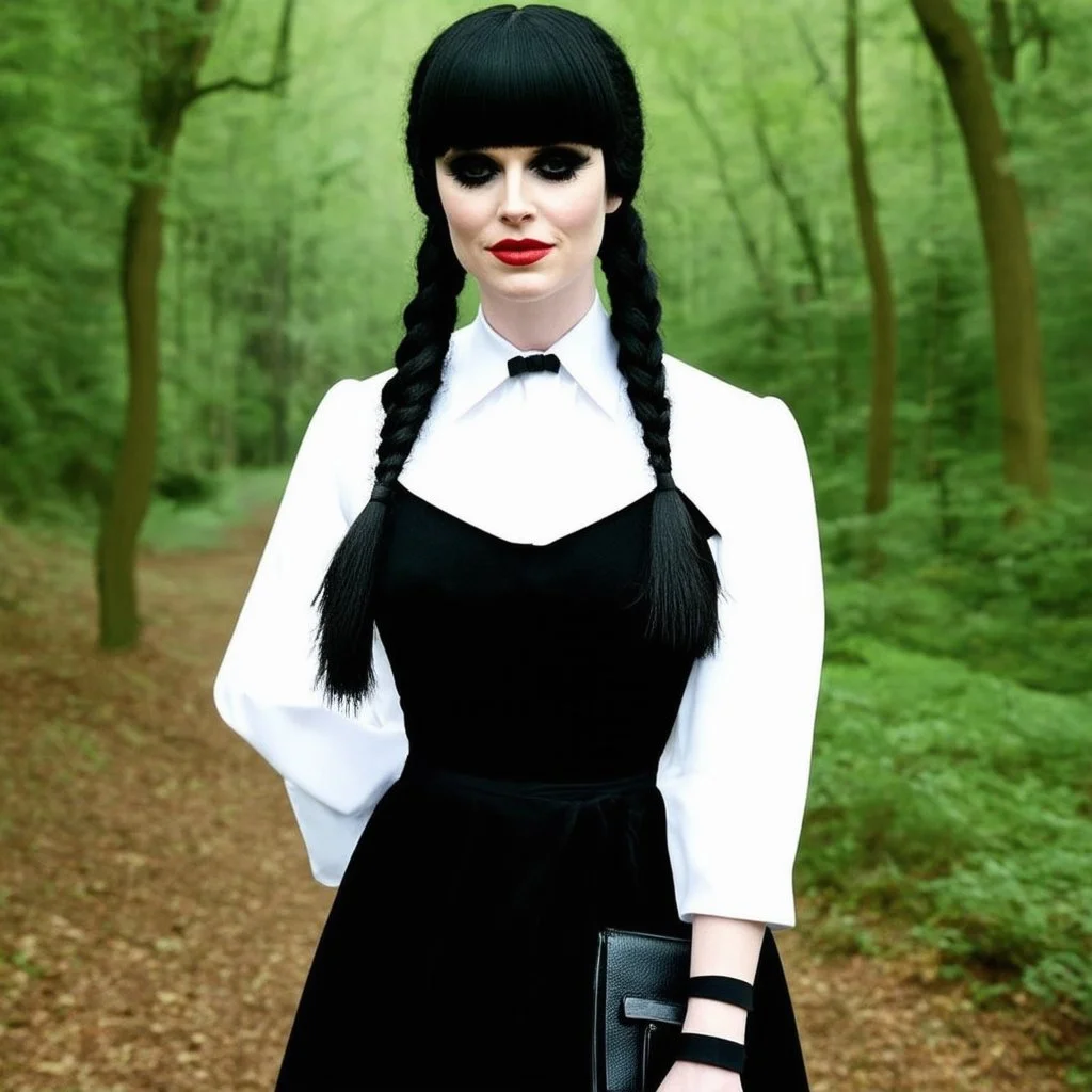 Madonna as Wednesday addams, braids, bangs, in tge woods