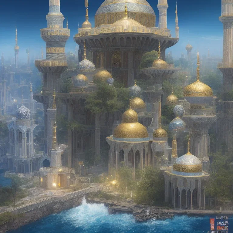 landscape, a mosque on the river, anime art, a future city, Quran, a plane view, and cinematic license.