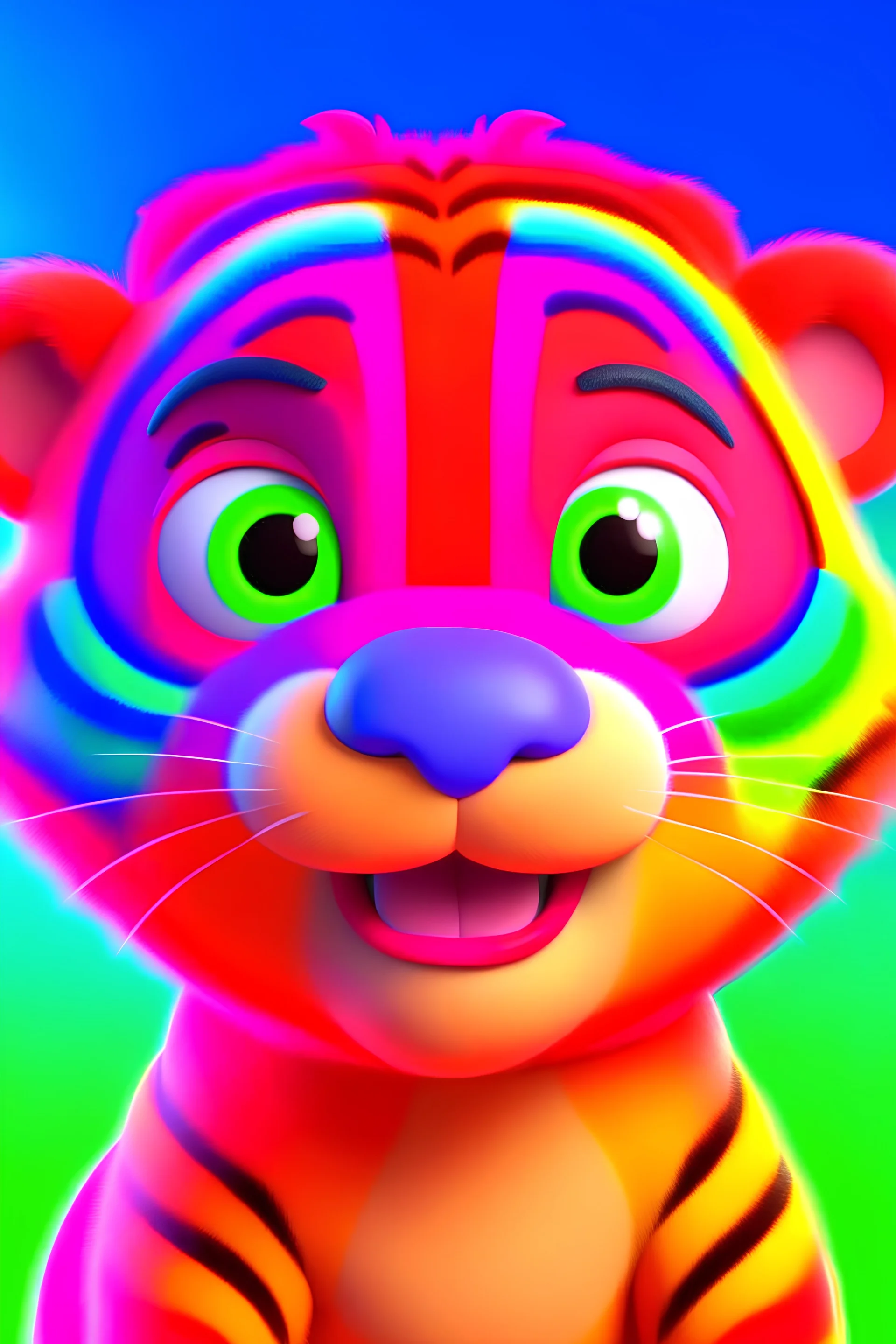 3d Cartoon, ultra quality. hyper realistic, low smiling, Pixar style, Rambow color background, highlight, details.4k, colorful, dreamy shiny background, cute baby tiger. low smiling. look to camera.