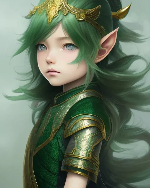 Detailed anime child elf girl, green hair, black and green dragon scale armour, intricate details, full body portrait, keep head in frame, slight smile, black Japanese motif, concept art, highly detailed, digital painting, concept art, sharp focus, illustration, art by Yoji Shinkawa, WLOP and greg rutkowski and alphonse mucha and artgerm and yanjun Chen and Junji ito and Makoto Shinkai, HDR, octane render