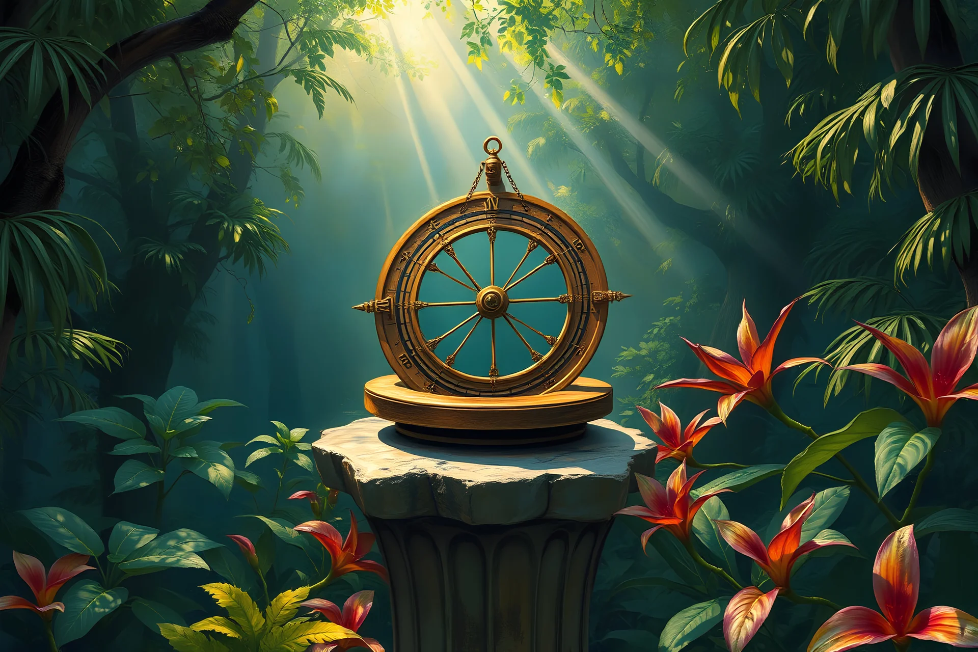 FANTASY ART, painting of an ancient, weathered astrolabe resting atop a forgotten stone pedestal in a dense, overgrown jungle clearing. its brass surface tarnished with age. Shafts of dappled sunlight filter through the thick canopy above, Surrounding the pedestal, vibrant, exotic flora with iridescent petals and oversized leaves add to the mystical ambiance.