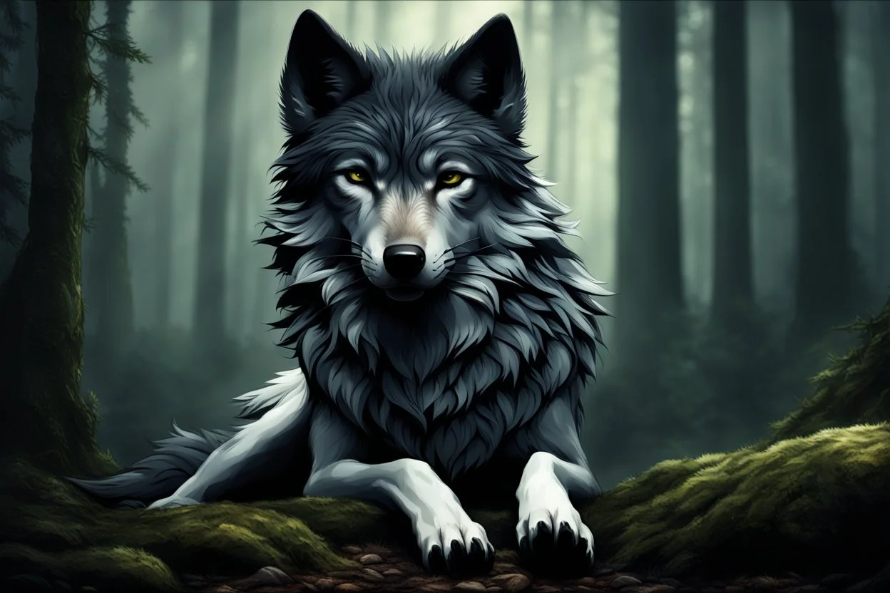 sad small scruffy wolf wearing a silver collar around its neck laying down eyes closed, photorealistic, dark fantasy, forest