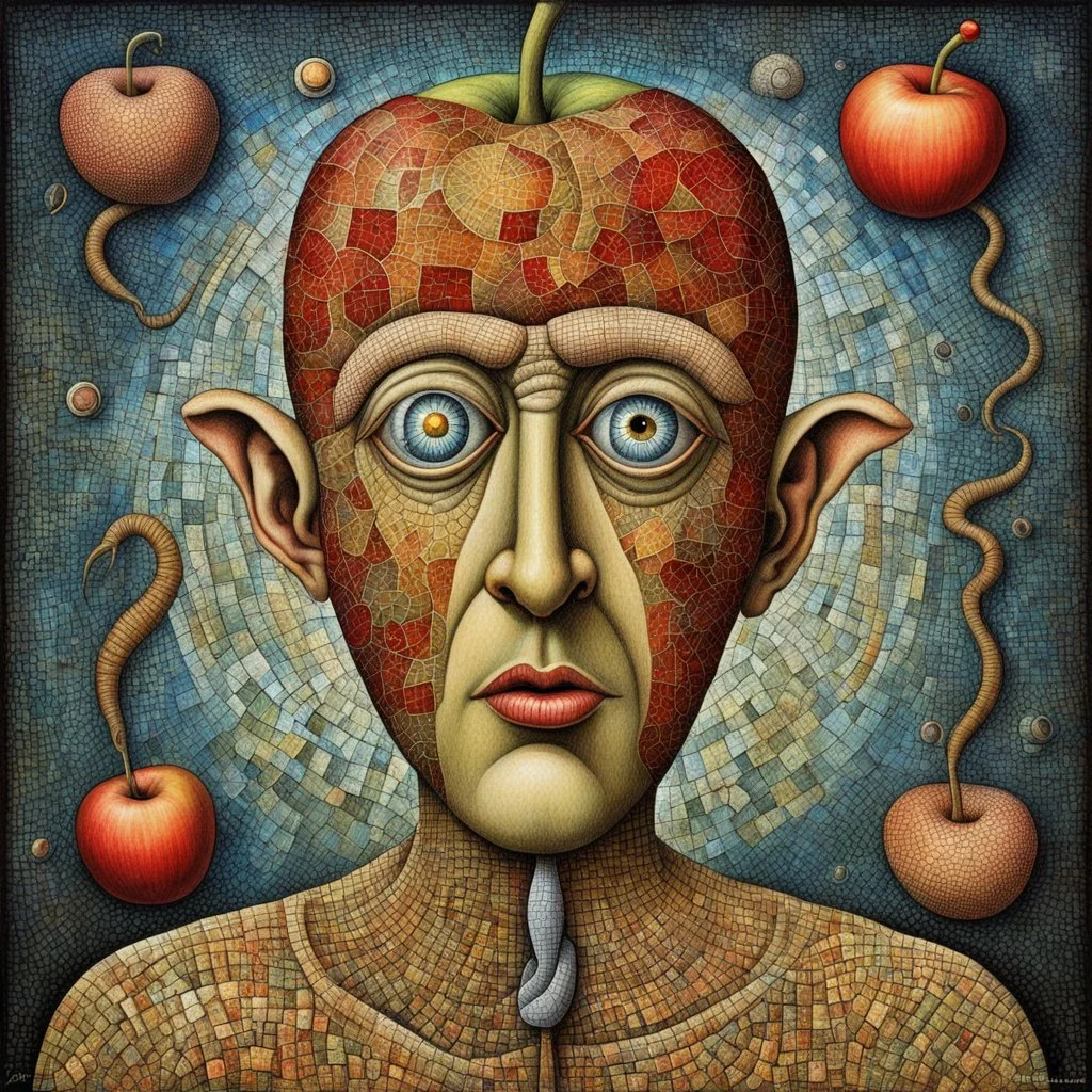 pronounced modern mosaic textures, Enhanced modern surrealism, weirdcore man with an apple for a head with worms with eyes protruding from apple, unregulated absurdity, by Desmond Morris and Pawel Kuczynski, mind-bending neo-surrealist image, surreal mosaic art