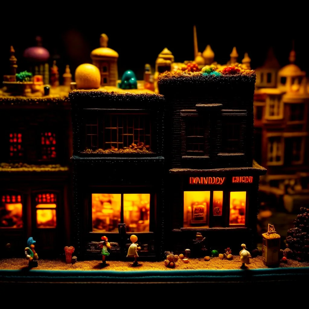 Close-up photograph of a diorama building, city, store, advertising, land-of-toys with detailed vintage toys made of cake-frosting and felt, strong texture, extreme detailed, movie shot, rich moody colors, sparkles, night, nightmare