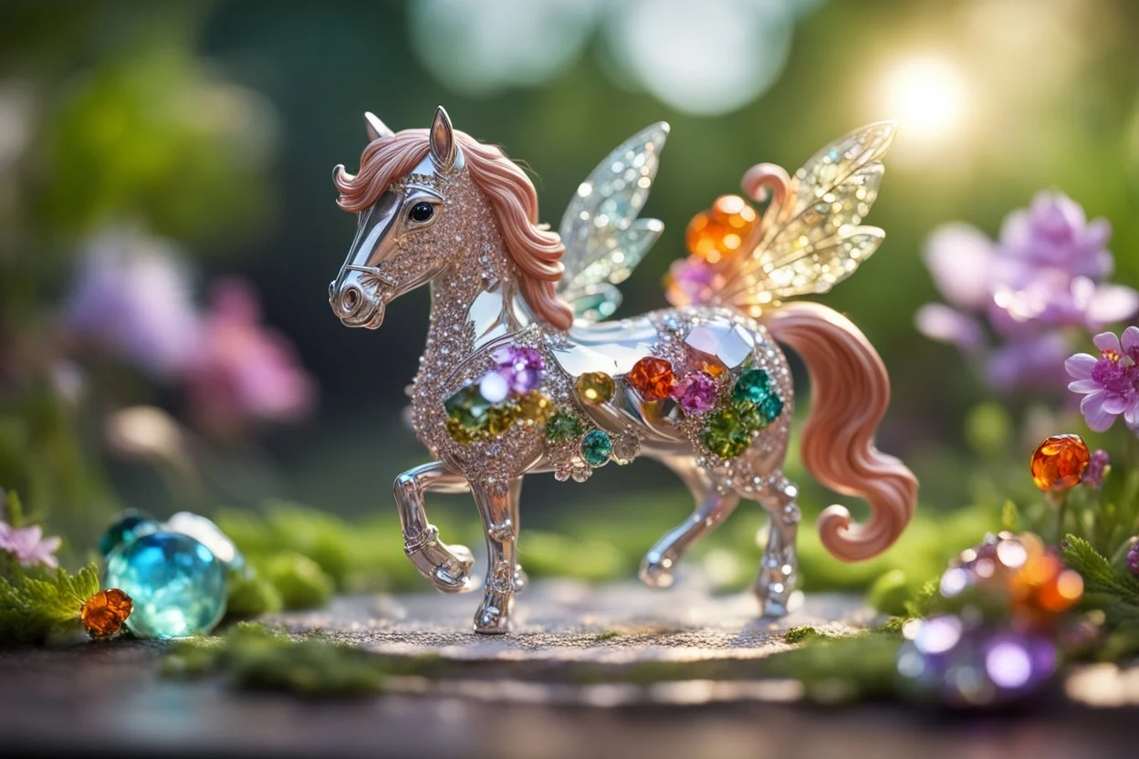 Coloured glass cute chibi horse fairy in the garden set with gemstones, glittering metal stems and gemstone leaves on a room table sharp focus elegant extremely detailed intricate very attractive beautiful dynamic lighting fantastic view crisp quality exquisite detail gems and jewels S<AI in sunshine Weight:1 Professional photography, bokeh, natural lighting, canon lens, shot on dslr 64 megapixels sharp focus Weight:0.9