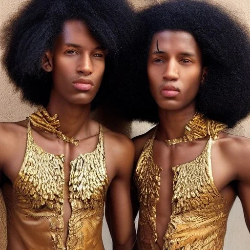 Twins only, black skin, tall and slender, long afro kinky hair,slanted almond shaped dark brown eyes, warrior wear. Gold accents,