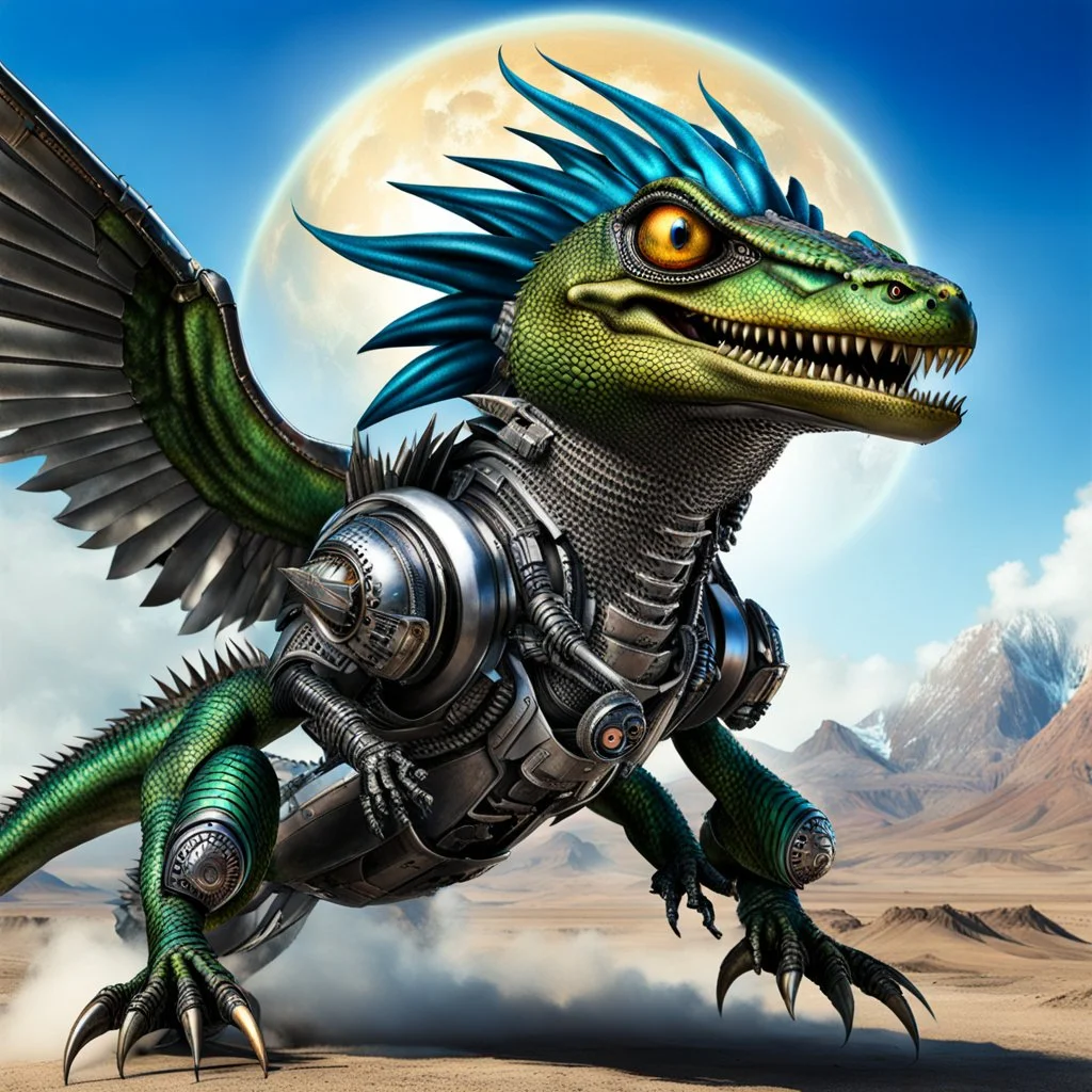 Lucky Stryker, Jet eagle lizard human combination, biomechanical surrealism, 4 limbs, 2 metallic wings, one jet engine, 2 eyes, big toothy smile