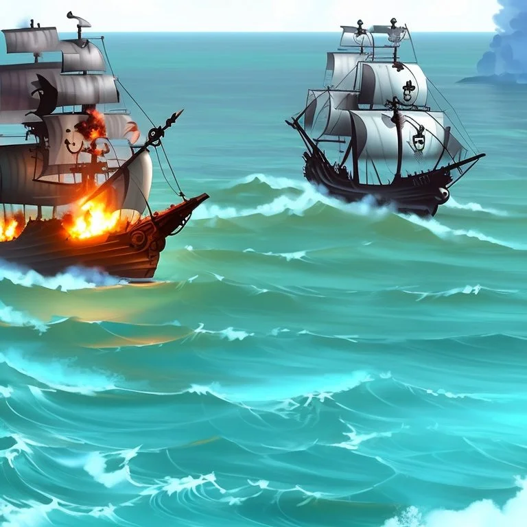 Two pirate ships fight each other at sea. Firing cannons. One ship is hit and burns after being hit.