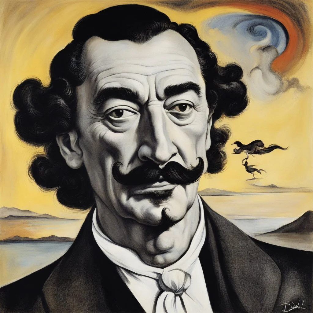 Salvador Dali a de longues moustaches, il a une immense toile barbouillée derrière lui figurant une tragédie érotique de Corneille