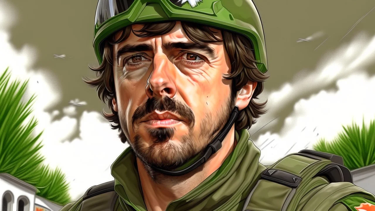 Fernando Alonso en el ejercito español haciendo propaganda, realista,
