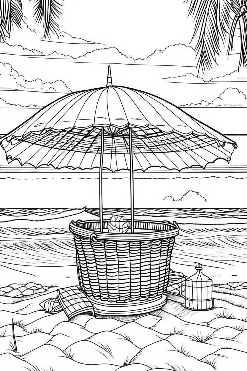Outline art for coloring page, LARGE PICNIC BASKET WITH HANDLES UNDER A BEACH UMBRELLA ON A HAWAII BEACH, coloring page, white background, Sketch style, only use outline, clean line art, white background, no shadows, no shading, no color, clear