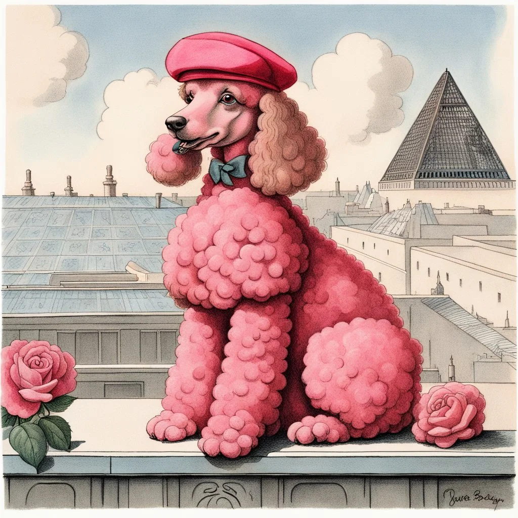 Vintage drawn illustration of a pink pink poodle with roses wearing a beret and smoking a cigarette on the rooftop of the Louvre, french illustration, storybook illustration, aubrey Beardsely, art deco motifs, highly detailed, color pencils, soft, vogue, french cartoon, editorial drawing,