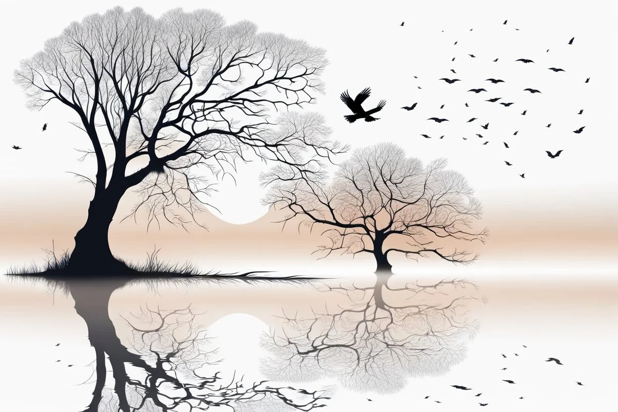 Illustration of a lonely dark tree with barren branches stands on a water's edge, reflected in the water, fog, crows on the sky, mystical landscape, sinister mood, line art