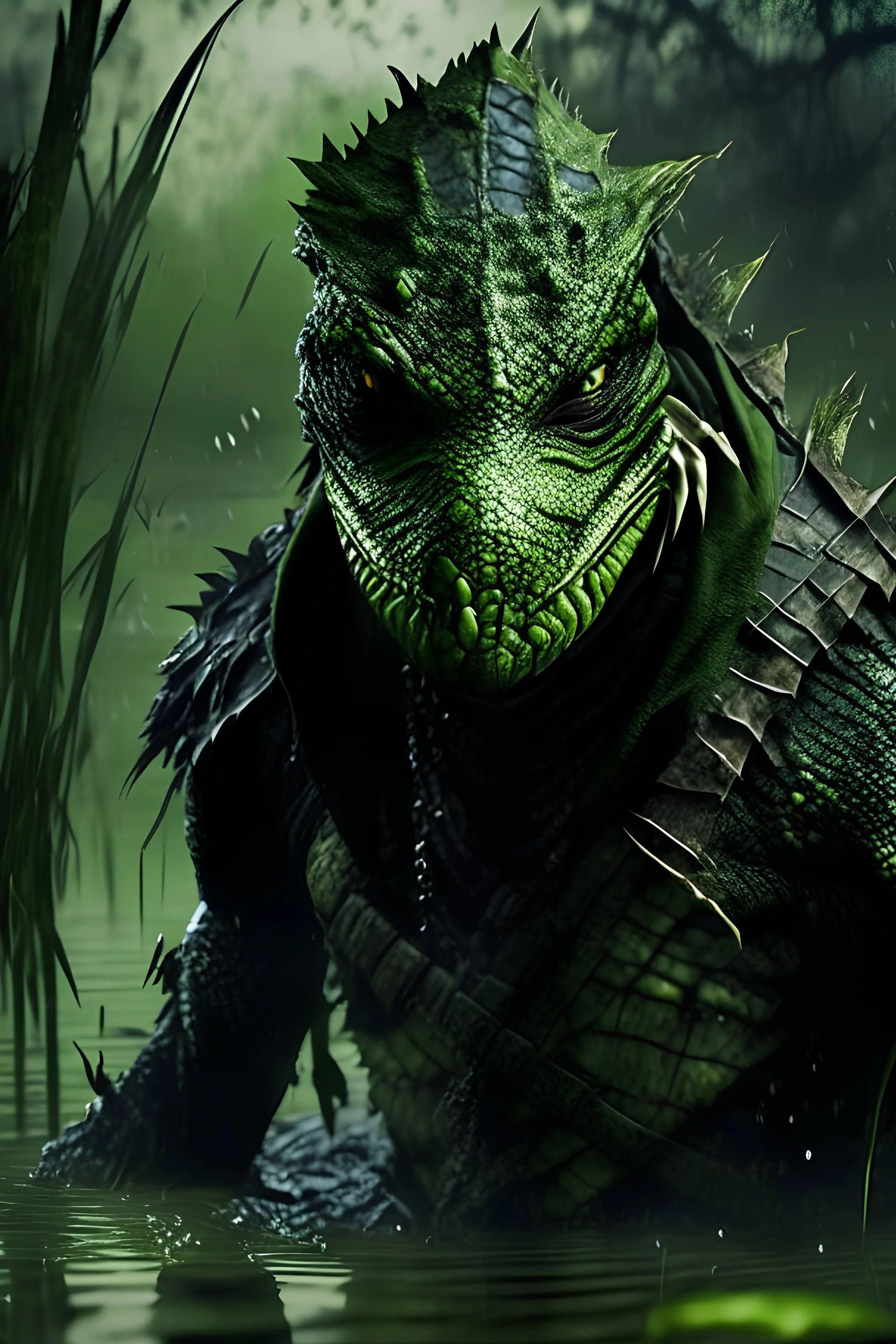 10k hyper realistic detailed Reptile the masked green reptilian ninja assassin using his poisonous claws and camouflage to hunt (mortal Kombat) in a dark swamp emerging from muddy swampwater
