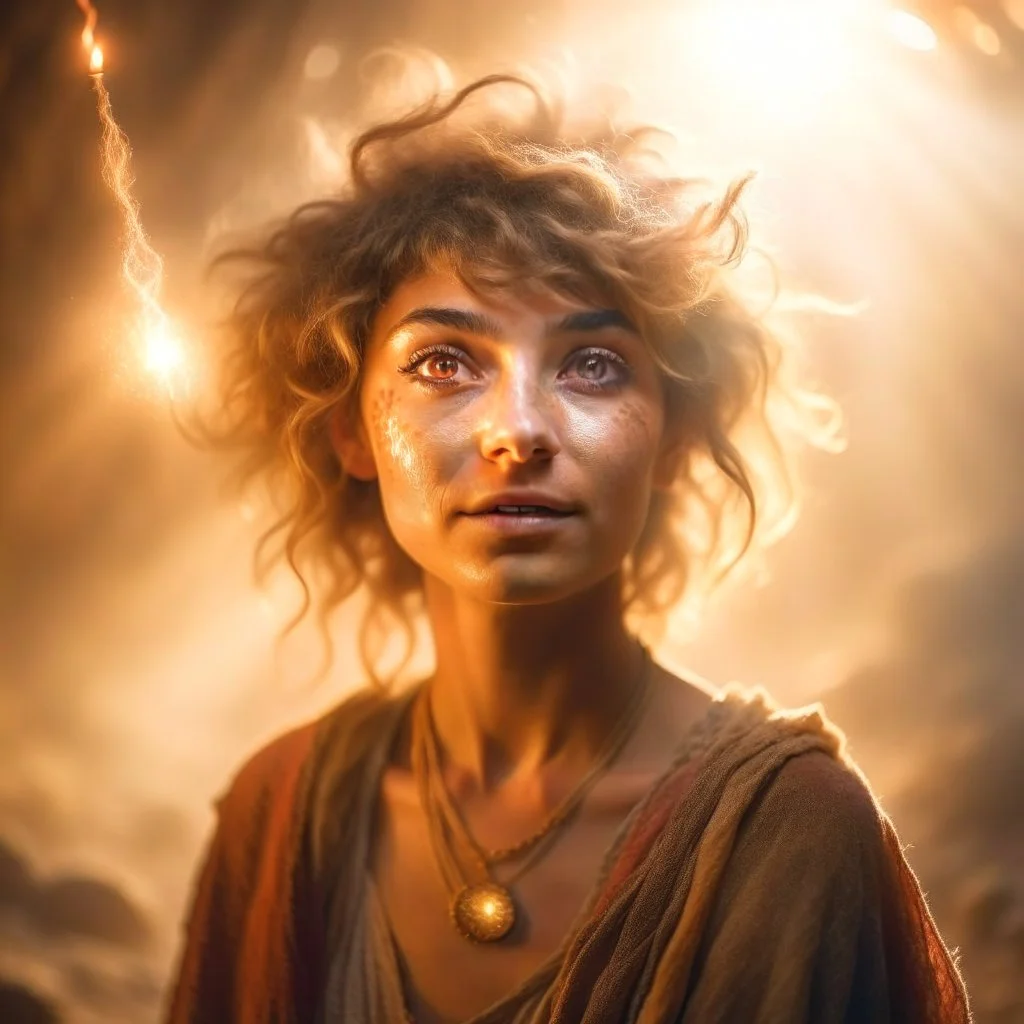 portrait of brown hippie pixie hovering in the underground grove sparkling light dust, in the style of dali, 8k, down-light, soft light, depth of field, photo realism, trending on art station, high detail, smoke and fog