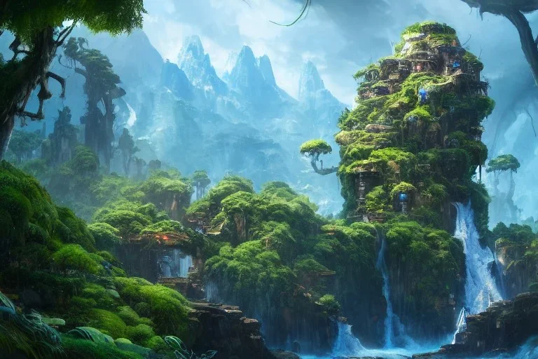 Art by Dylan cole and Eddie mendoza, Avatar concept art, pandora, hovering island with waterfall, magnificent landscape, ultra-wide angle, ultra realistic, digital painting, 8 k uhd, dynamic lighting, beautiful, sharp focus, ultra detailed, concept art